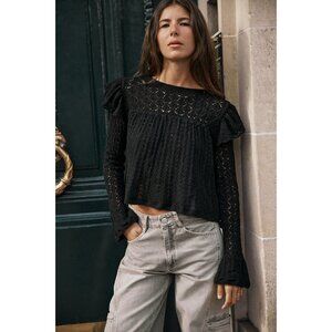 Zara Black Pointelle Ruffle Long Sleeve Semi Crop Top